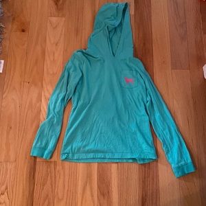 Teal and pink long sleeve hooded shirt